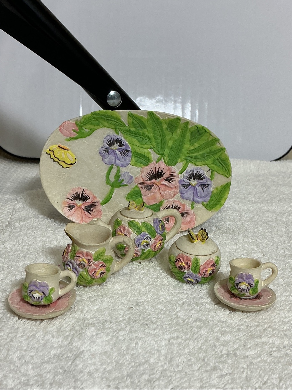 Floral Pansy Miniature Tea Set Accent – Pink, Purple & Green